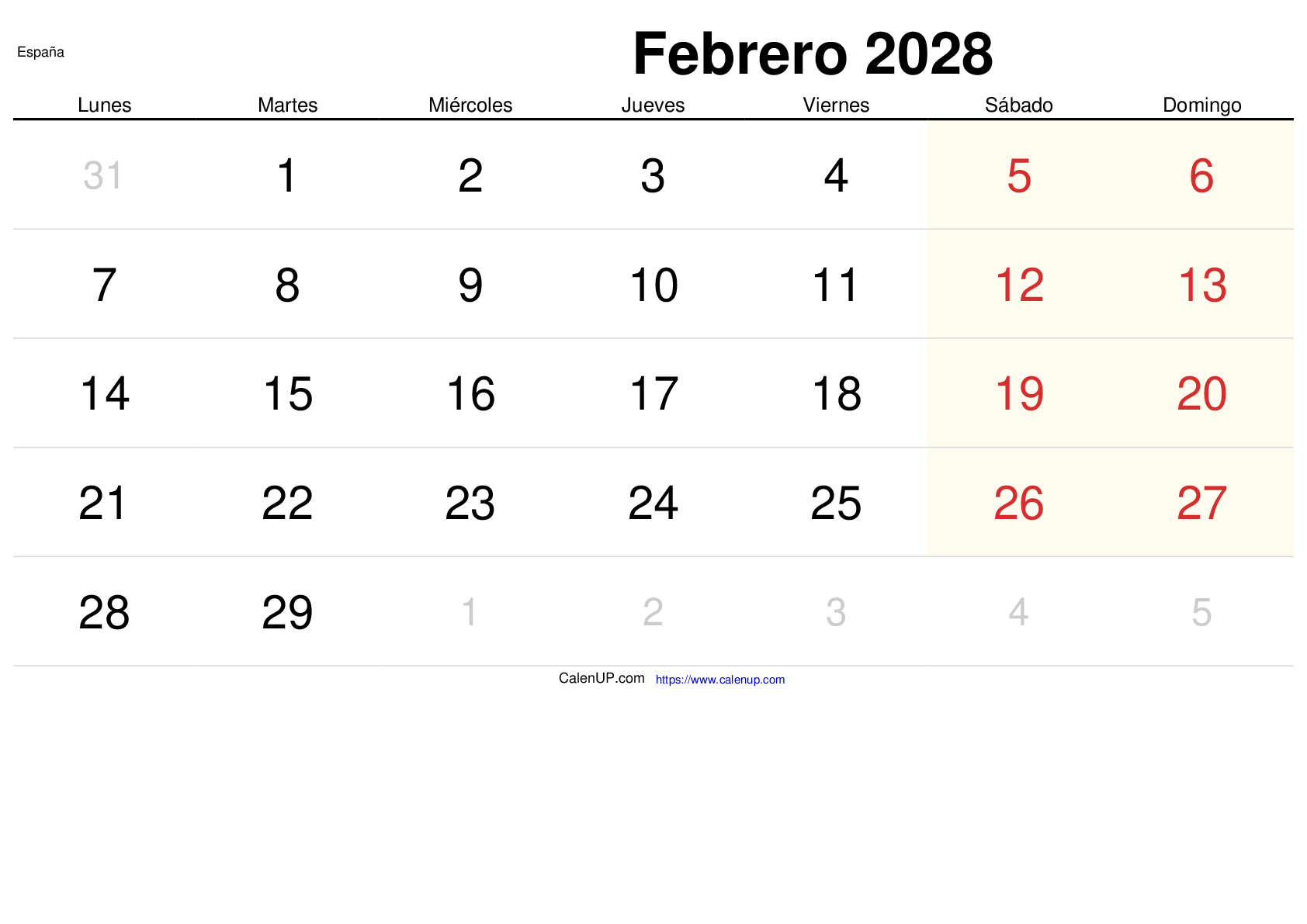 Calendrier Février 2028