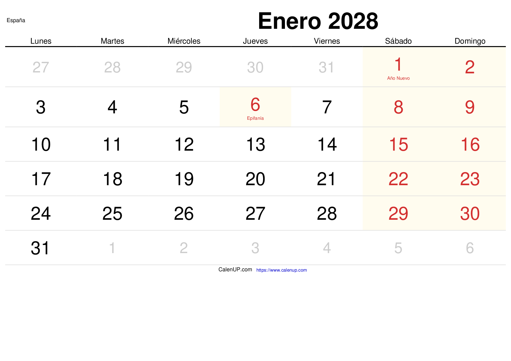 Calendrier Janvier 2028