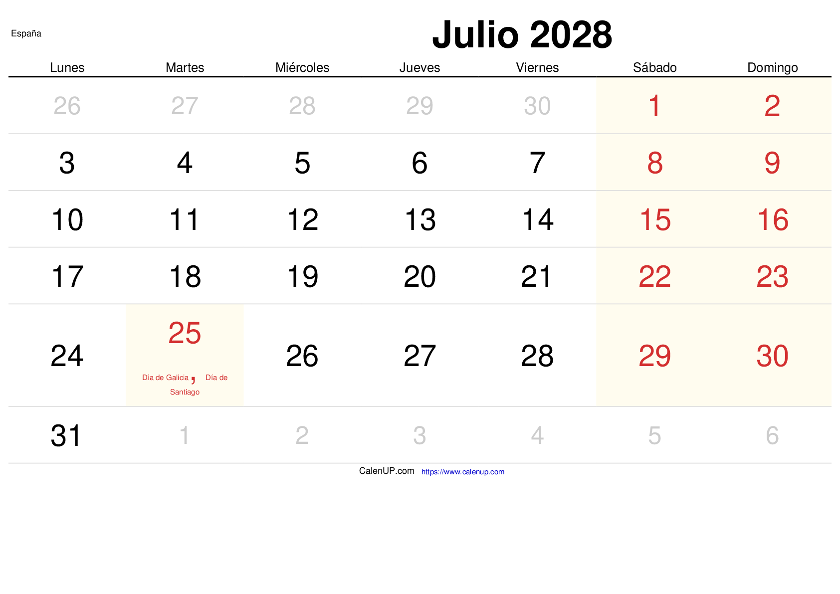 Calendrier Juillet 2028