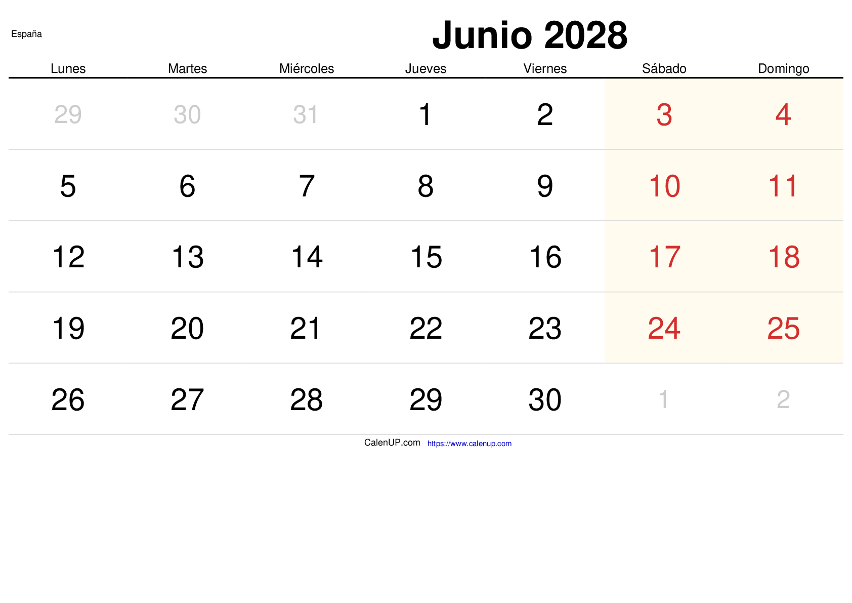 Calendrier Juin 2028