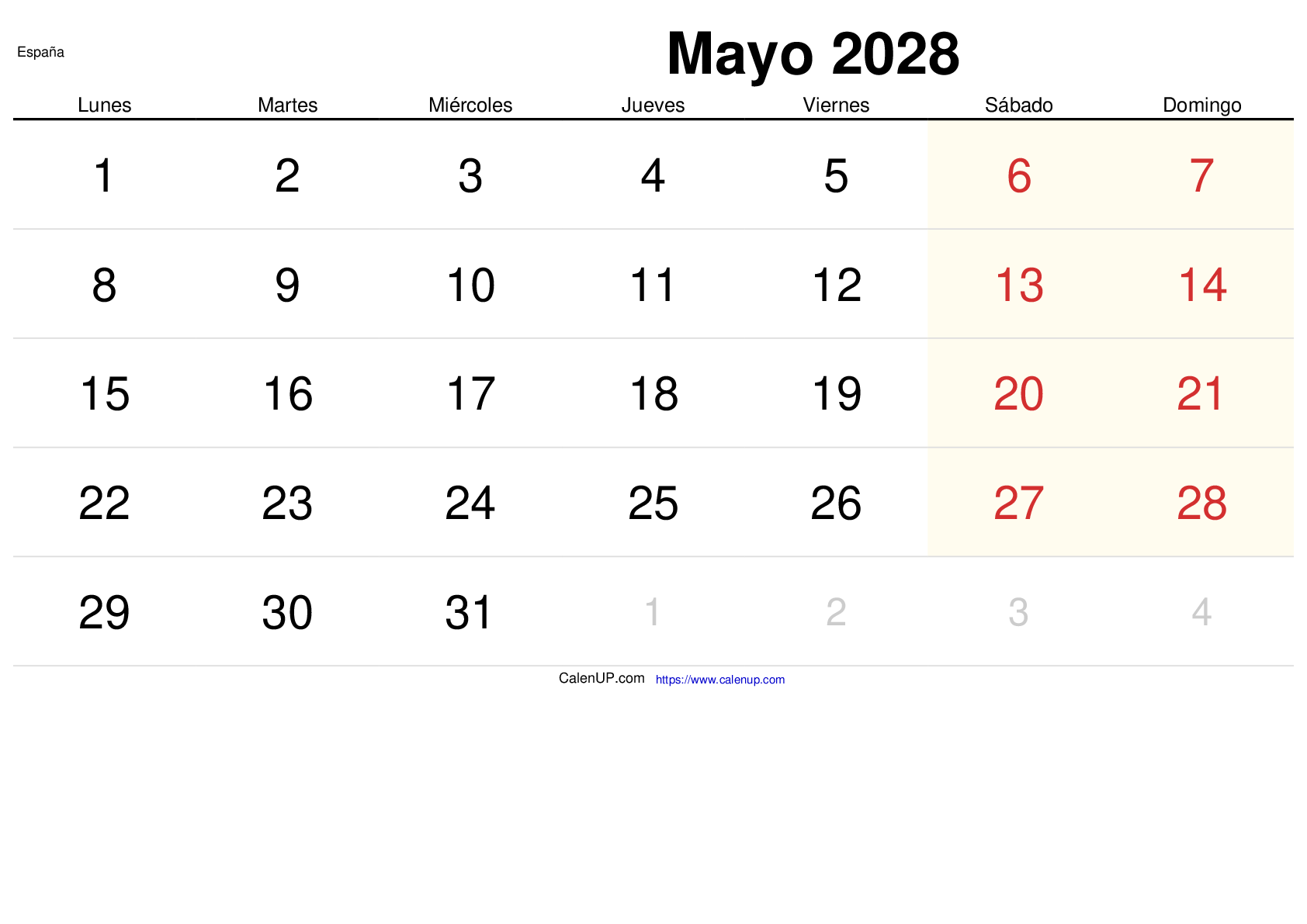 Calendrier Mai 2028