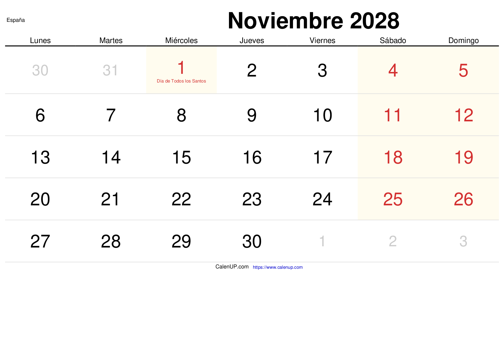 Calendrier Novembre 2028