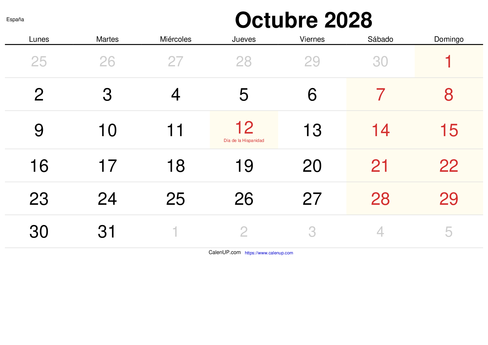 Calendrier Octobre 2028