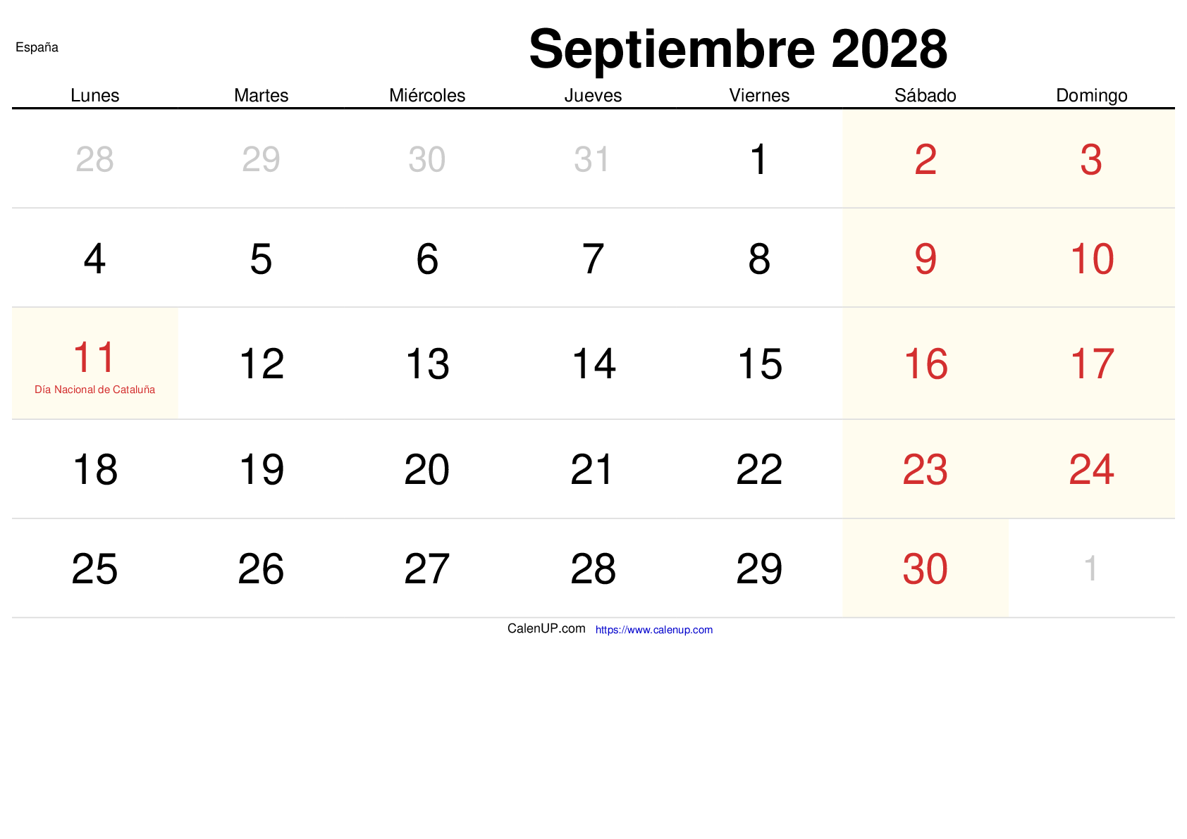 Calendrier Septembre 2028