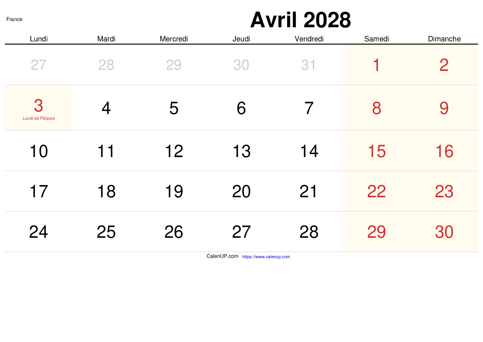 Calendrier Avril 2028