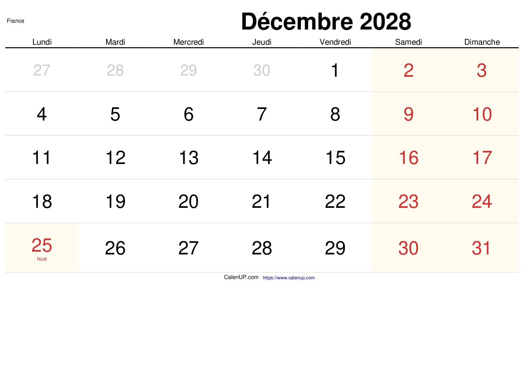 Calendrier Décembre 2028