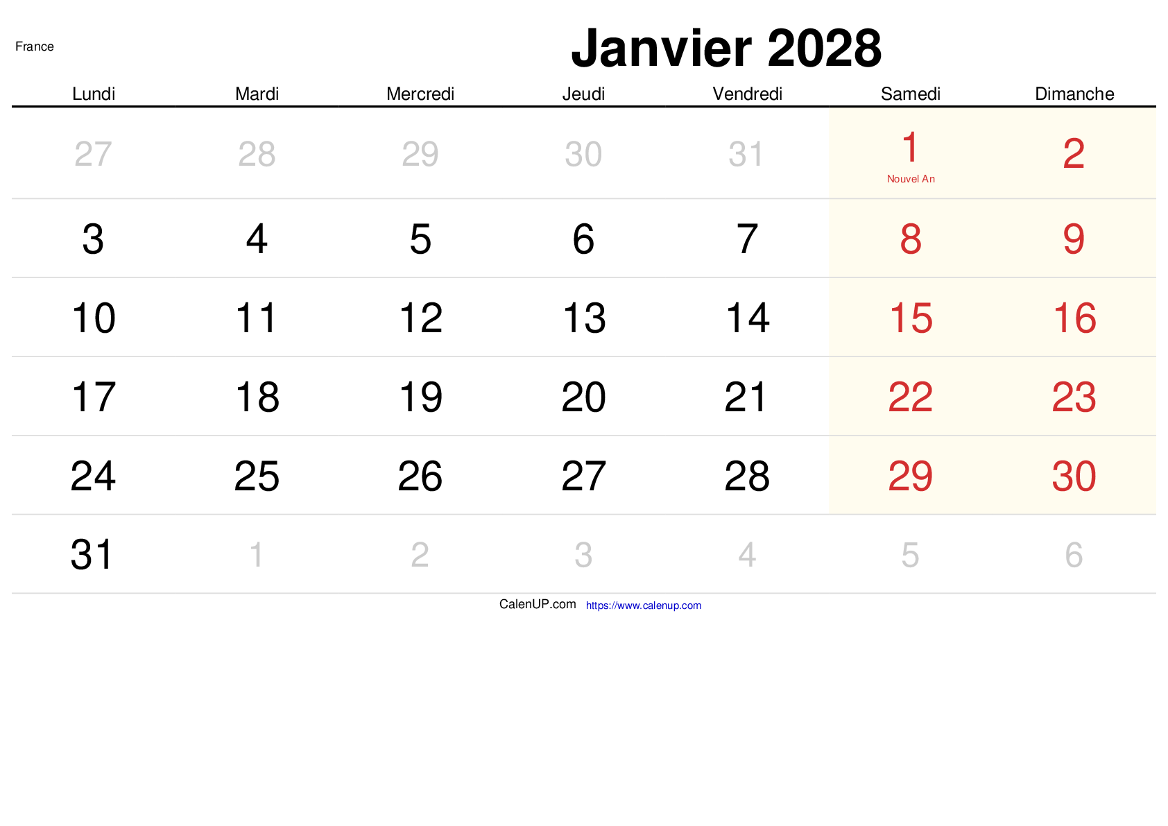 Calendrier Janvier 2028