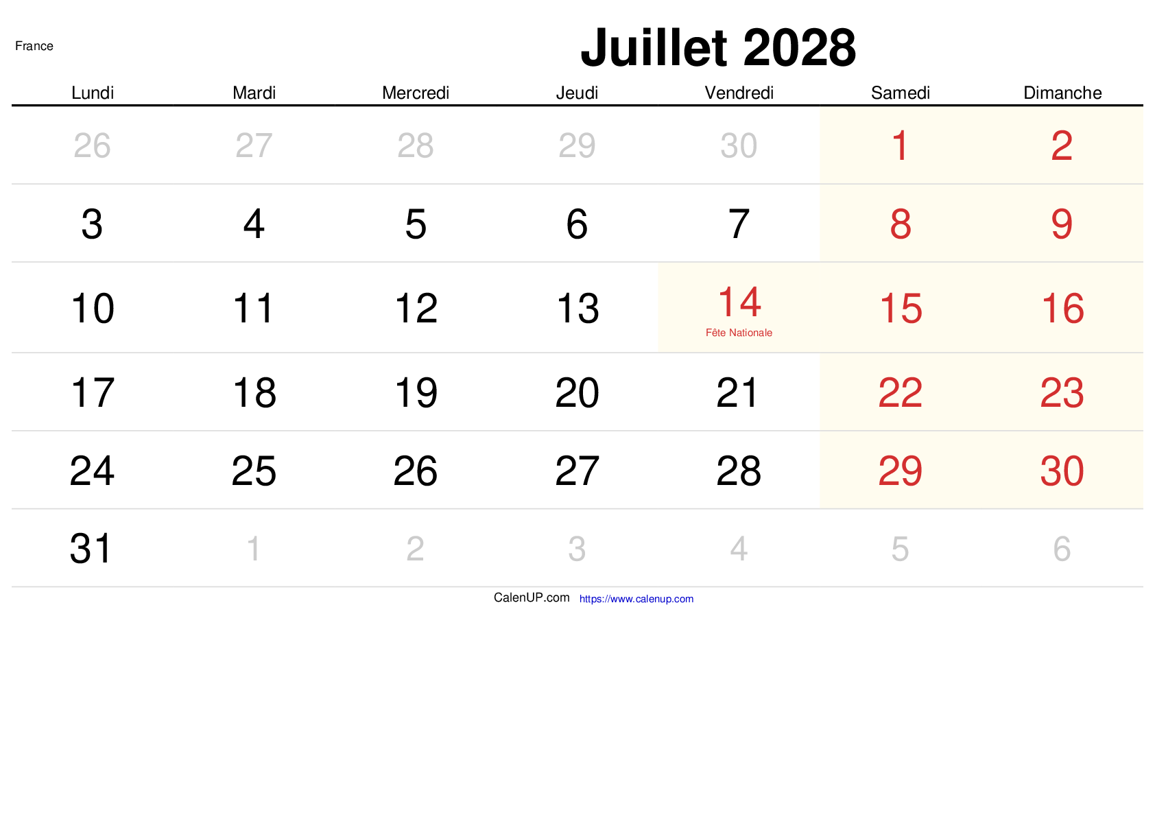 Calendrier Juillet 2028