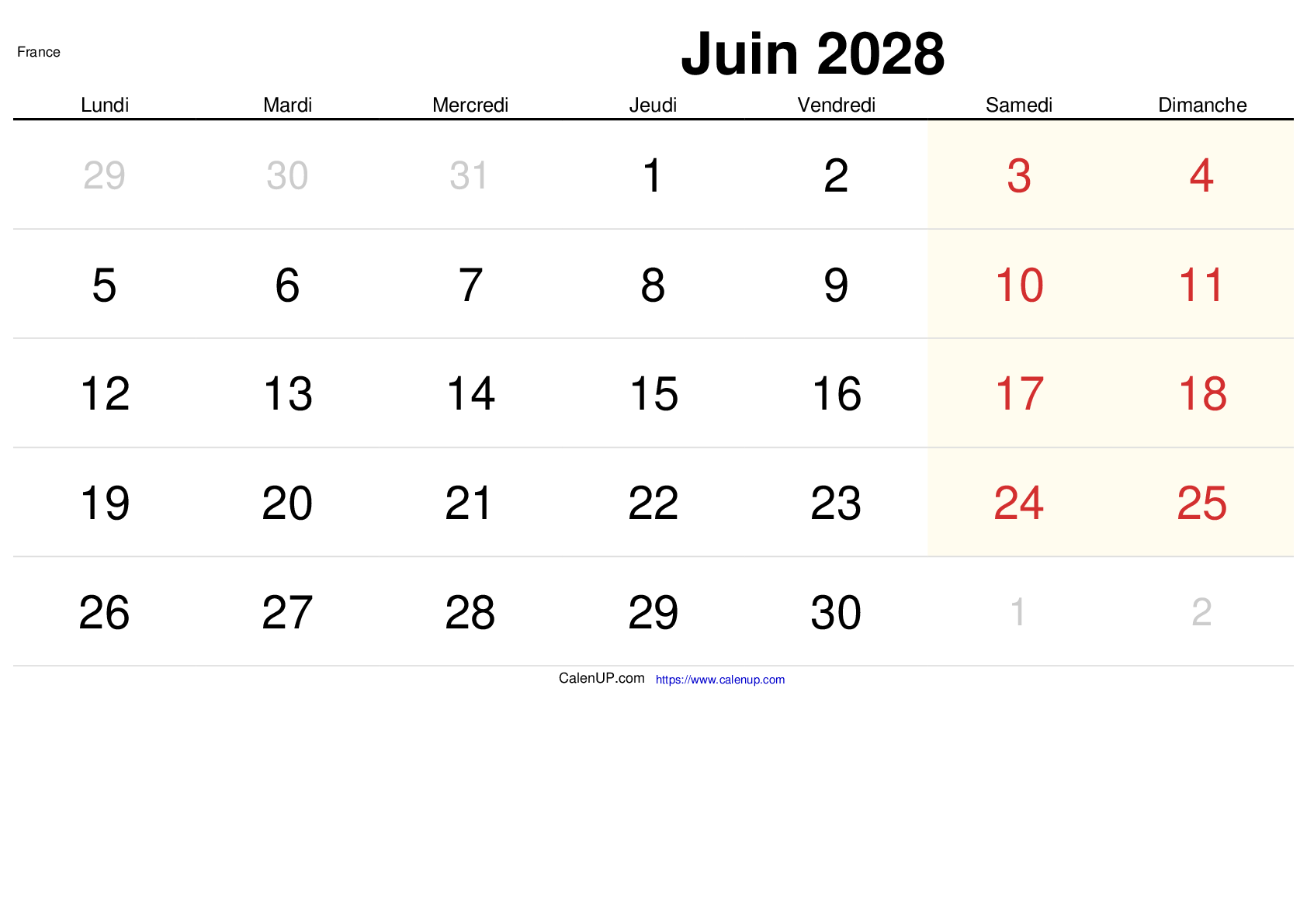 Calendrier Juin 2028