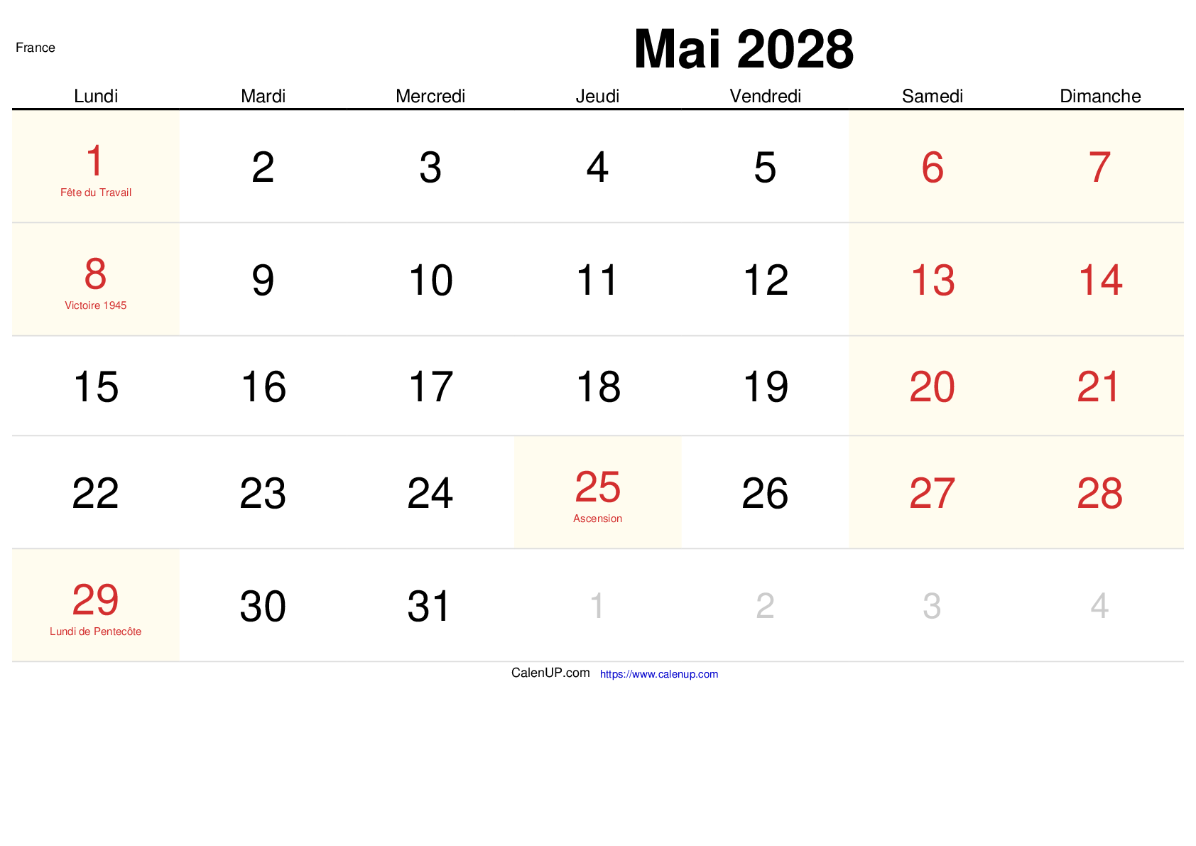 Calendrier Mai 2028