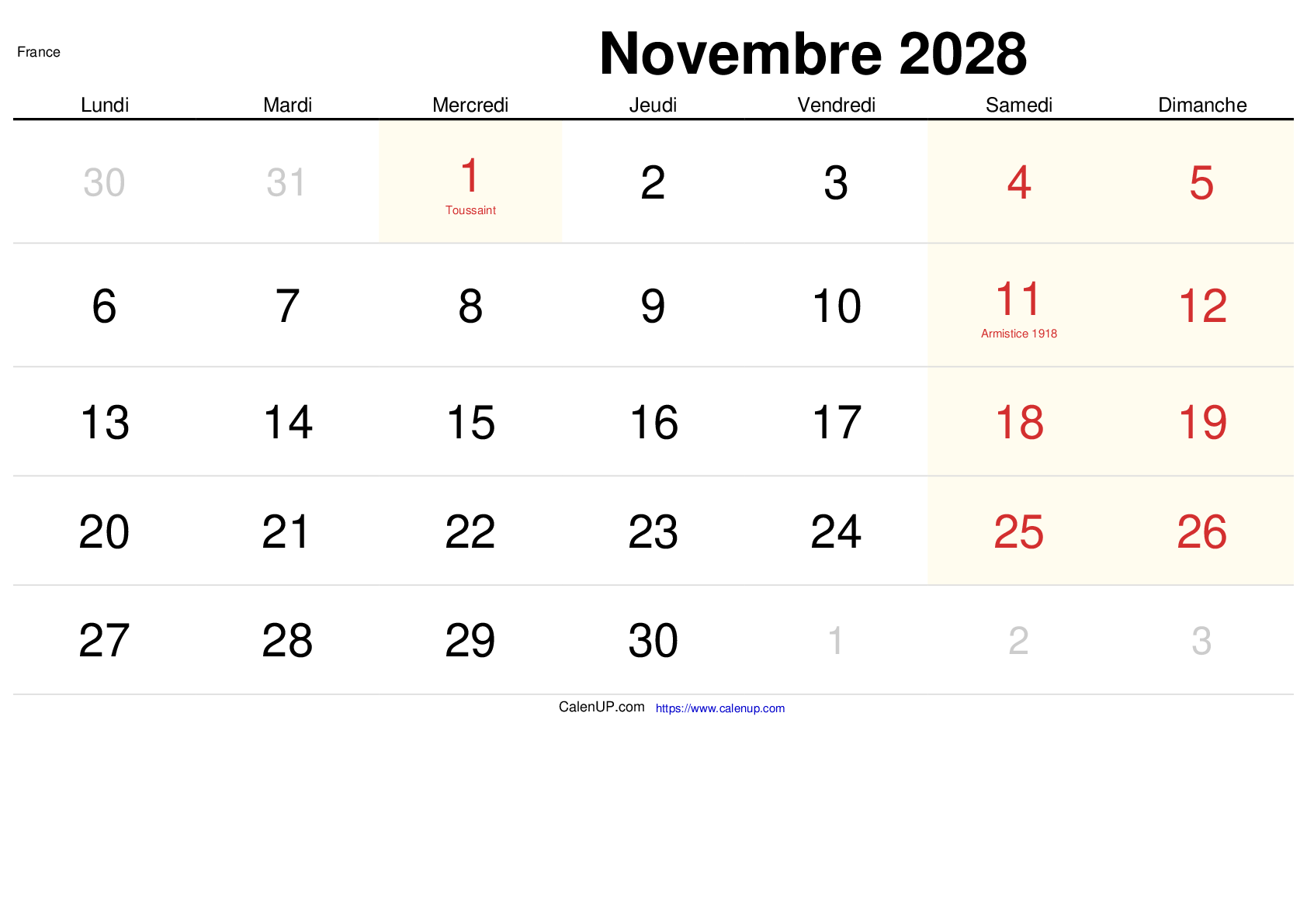 Calendrier Novembre 2028