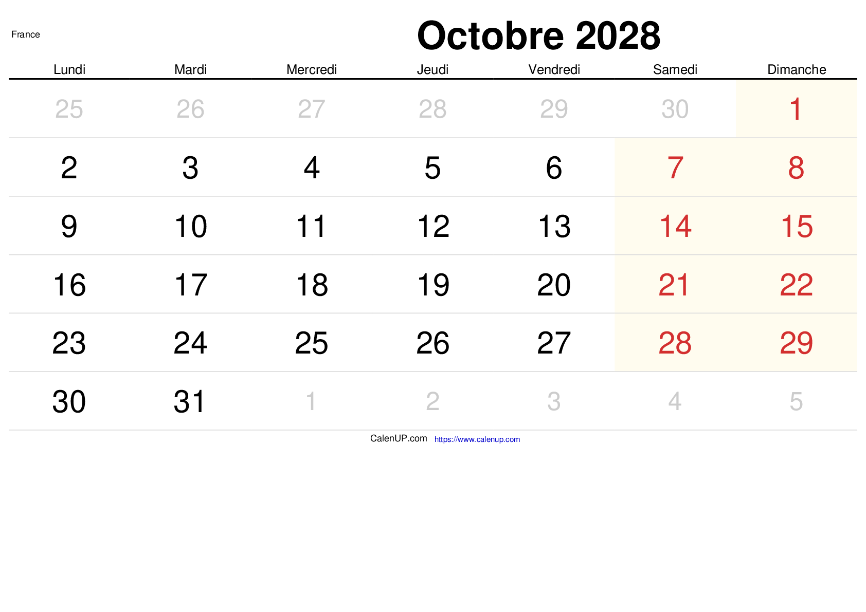 Calendrier Octobre 2028