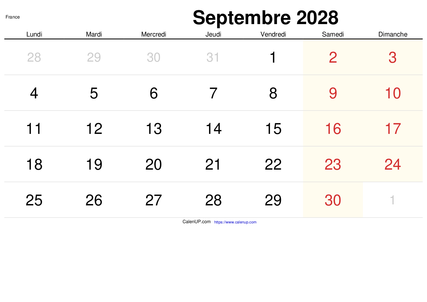 Calendrier Septembre 2028