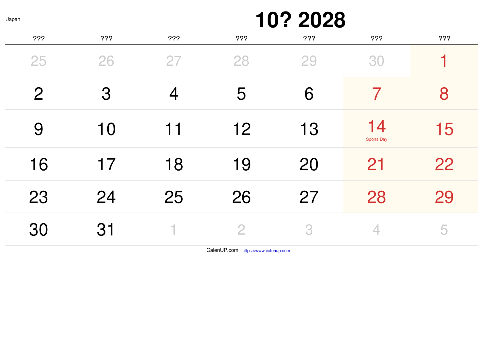 Oktober 2028 Kalender