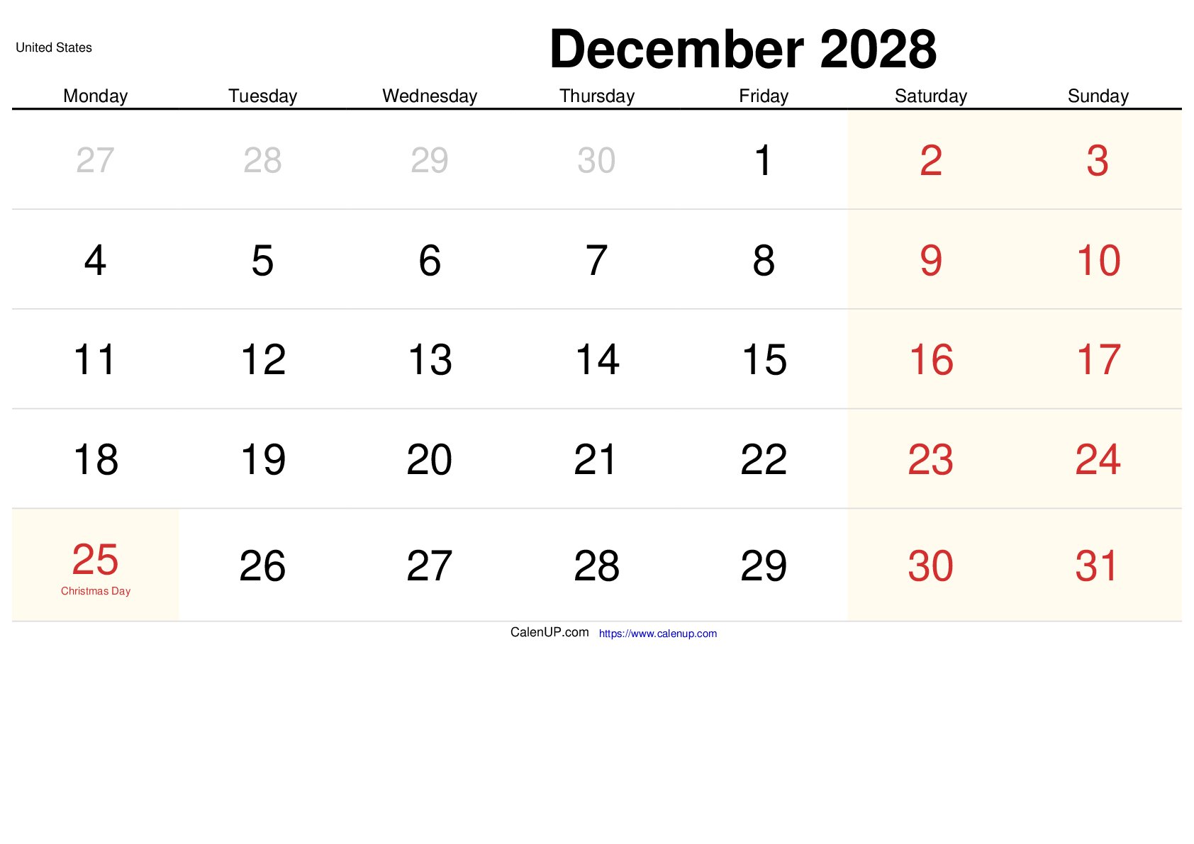 December 2028 Calendar