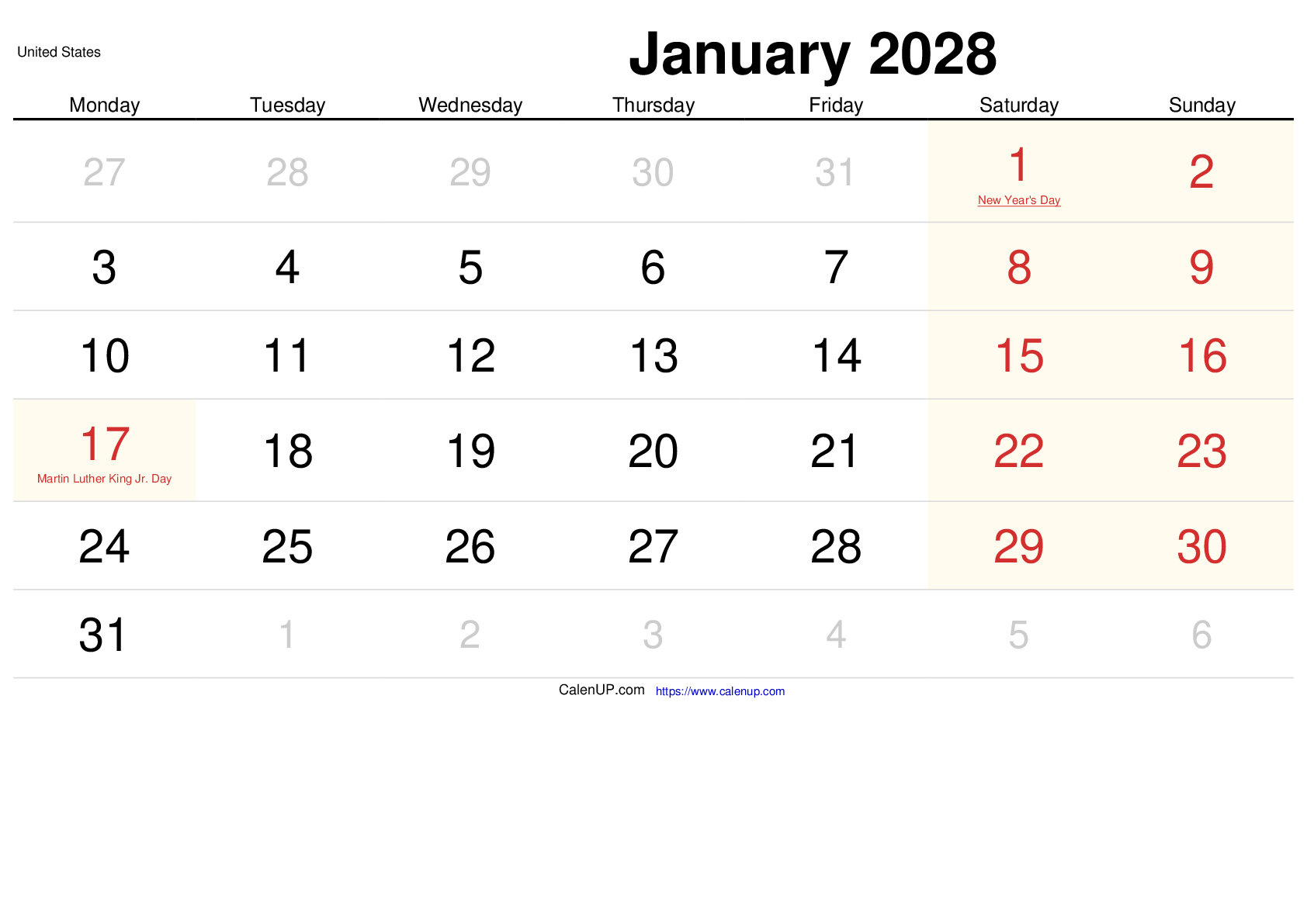 January 2028 Calendar