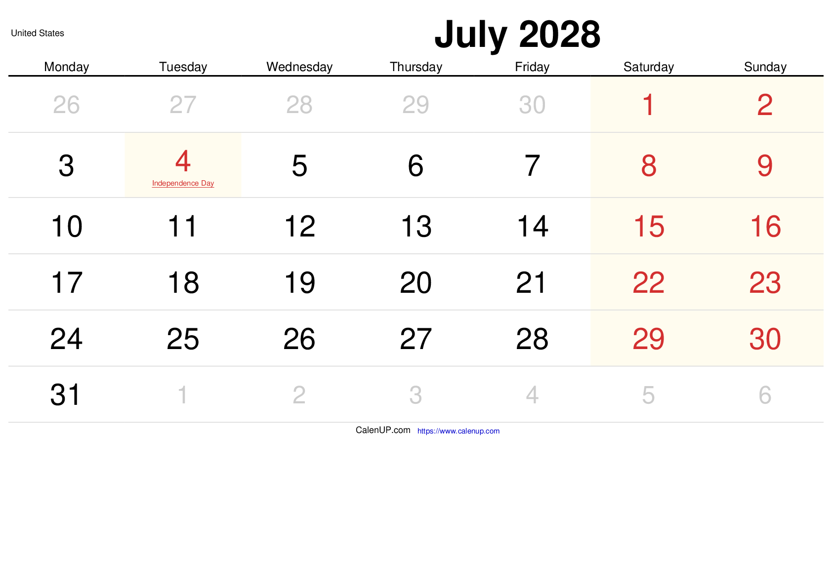 July 2028 Calendar