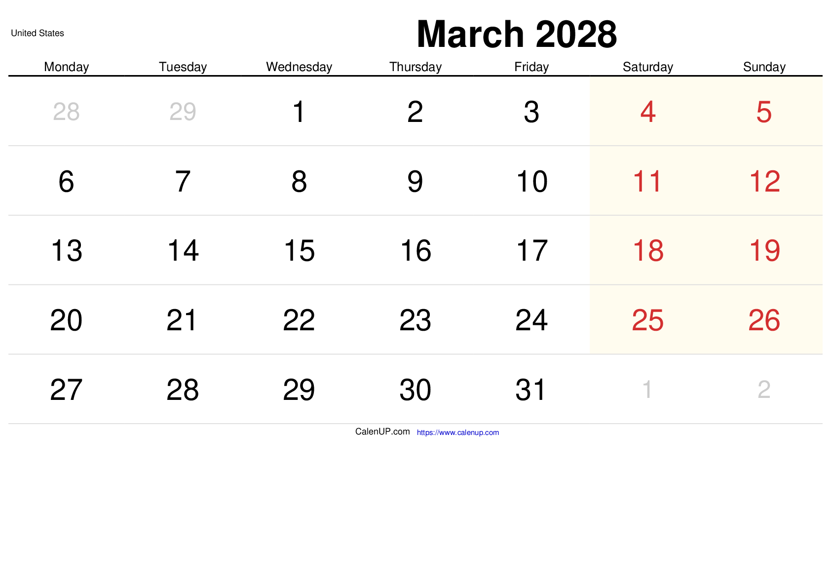 March 2028 Calendar