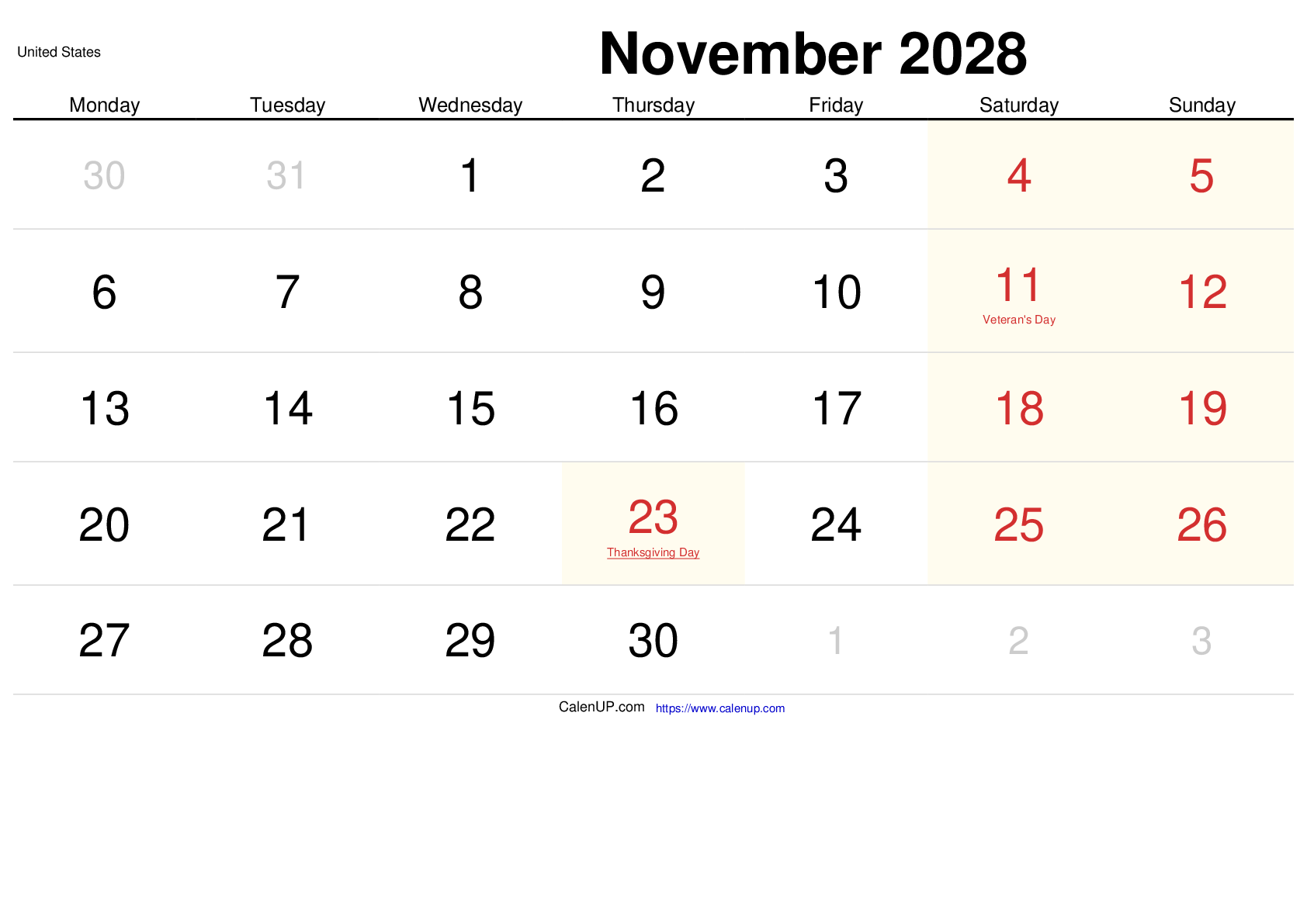 November 2028 Calendar