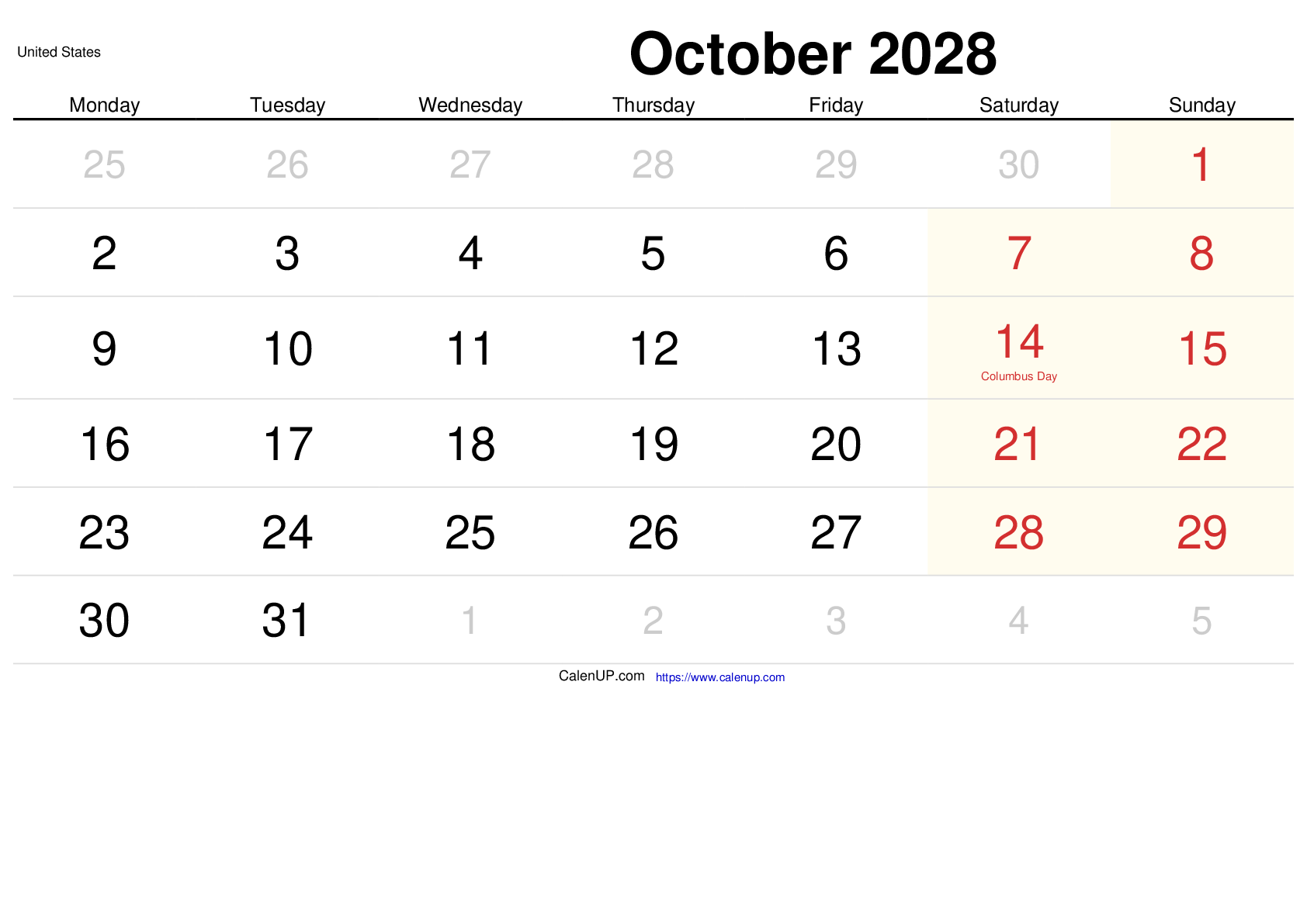 October 2028 Calendar