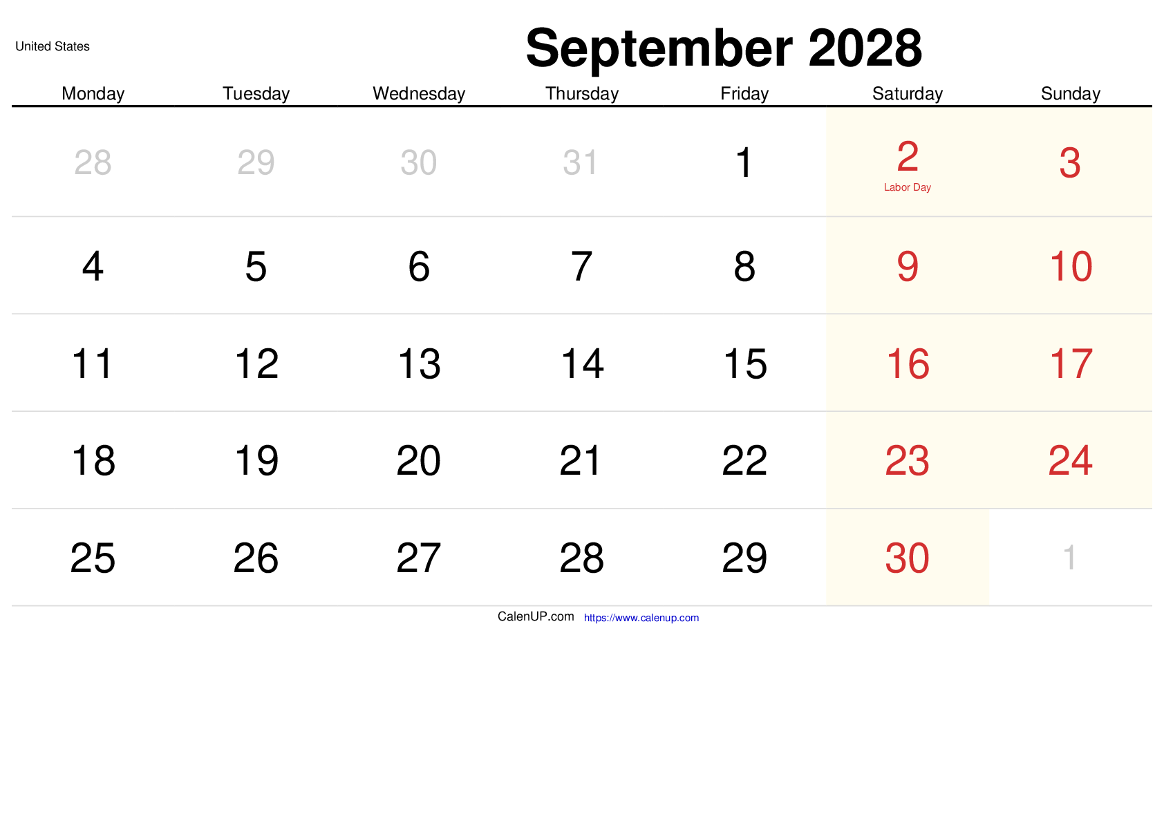 September 2028 Calendar