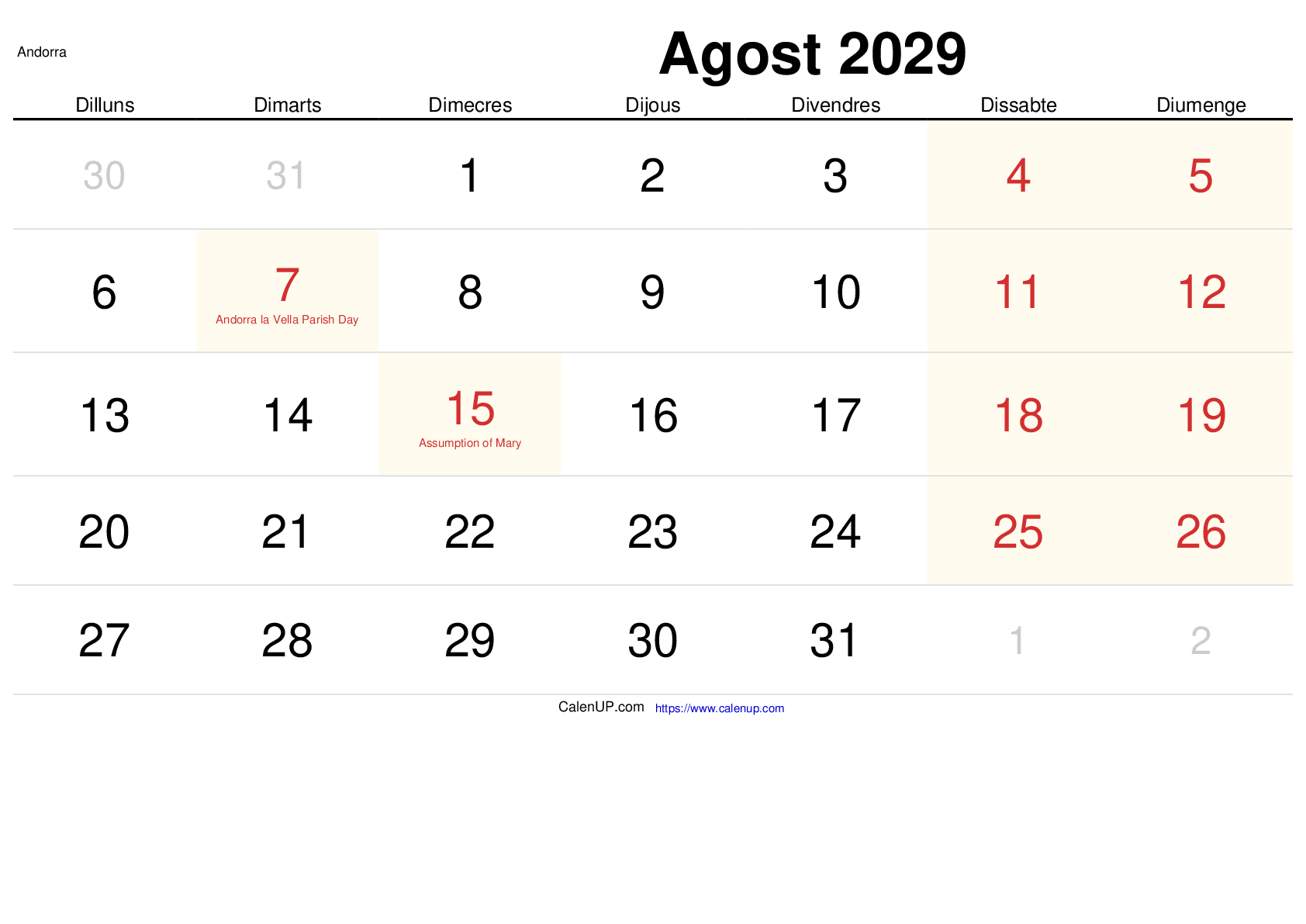 August 2029 Kalender