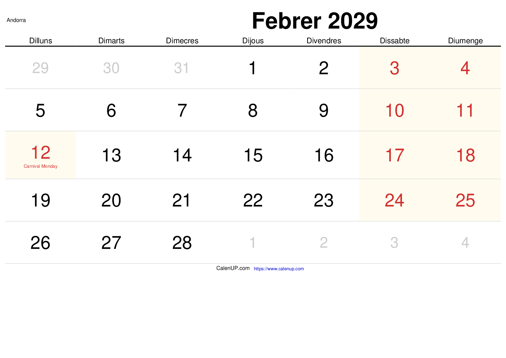 Februar 2029 Kalender