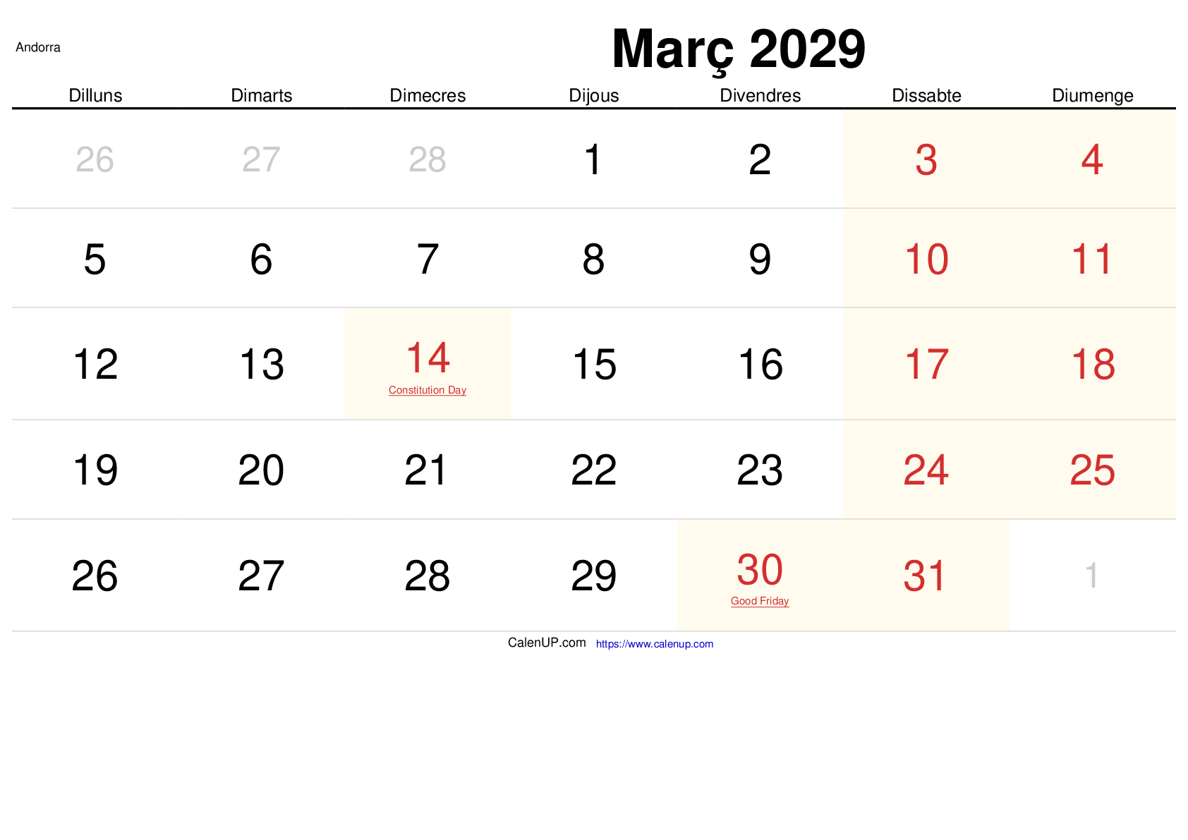 Mars 2029 Kalender