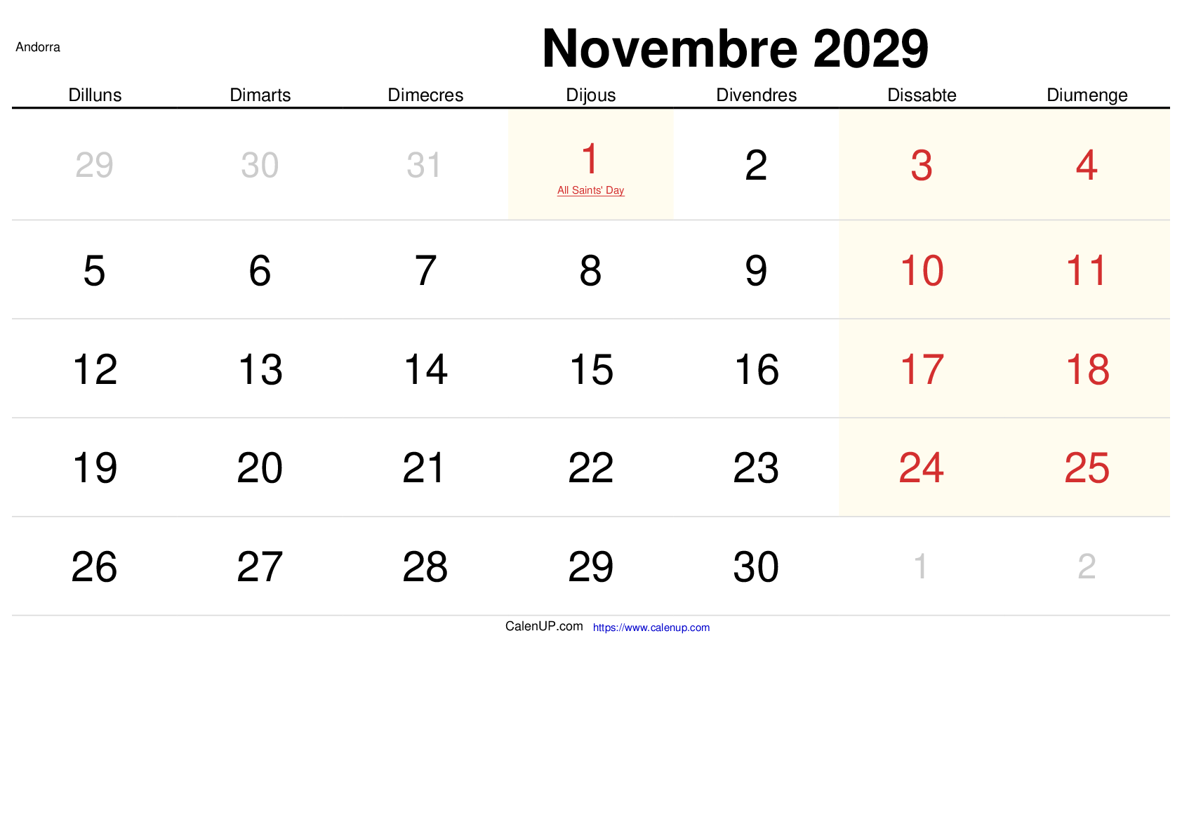 November 2029 Kalender