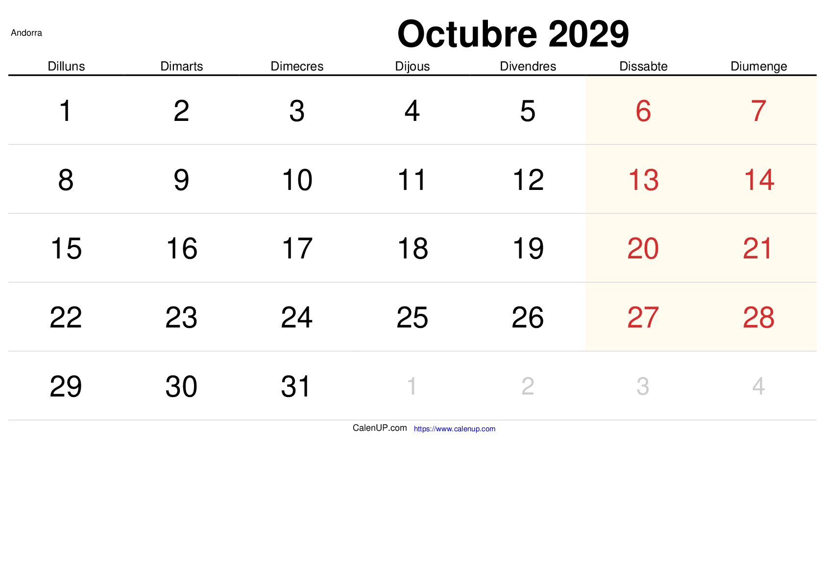 Oktober 2029 Kalender