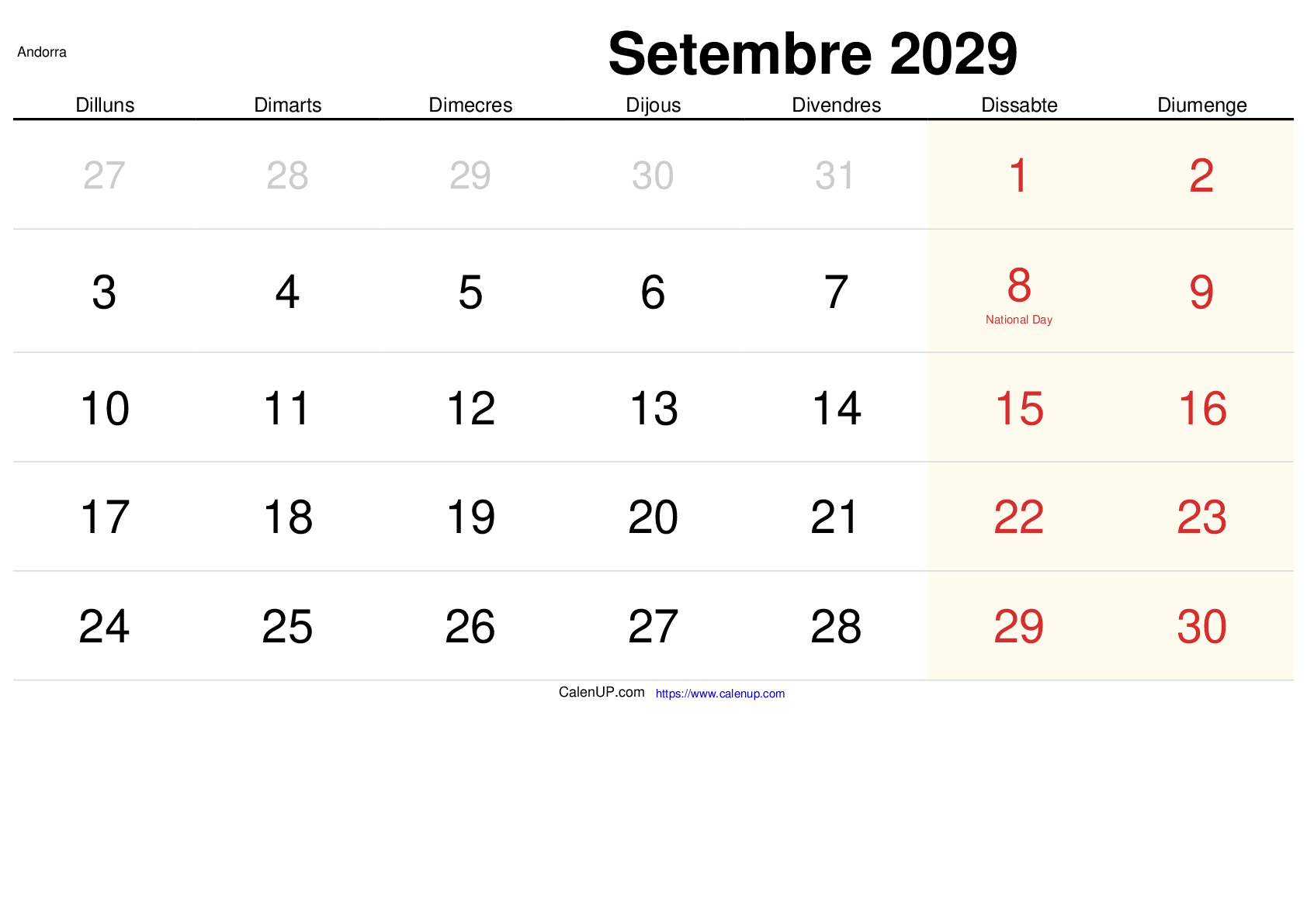 September 2029 Kalender