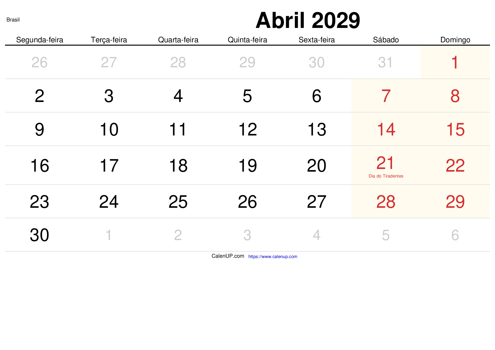 April 2029 Kalender