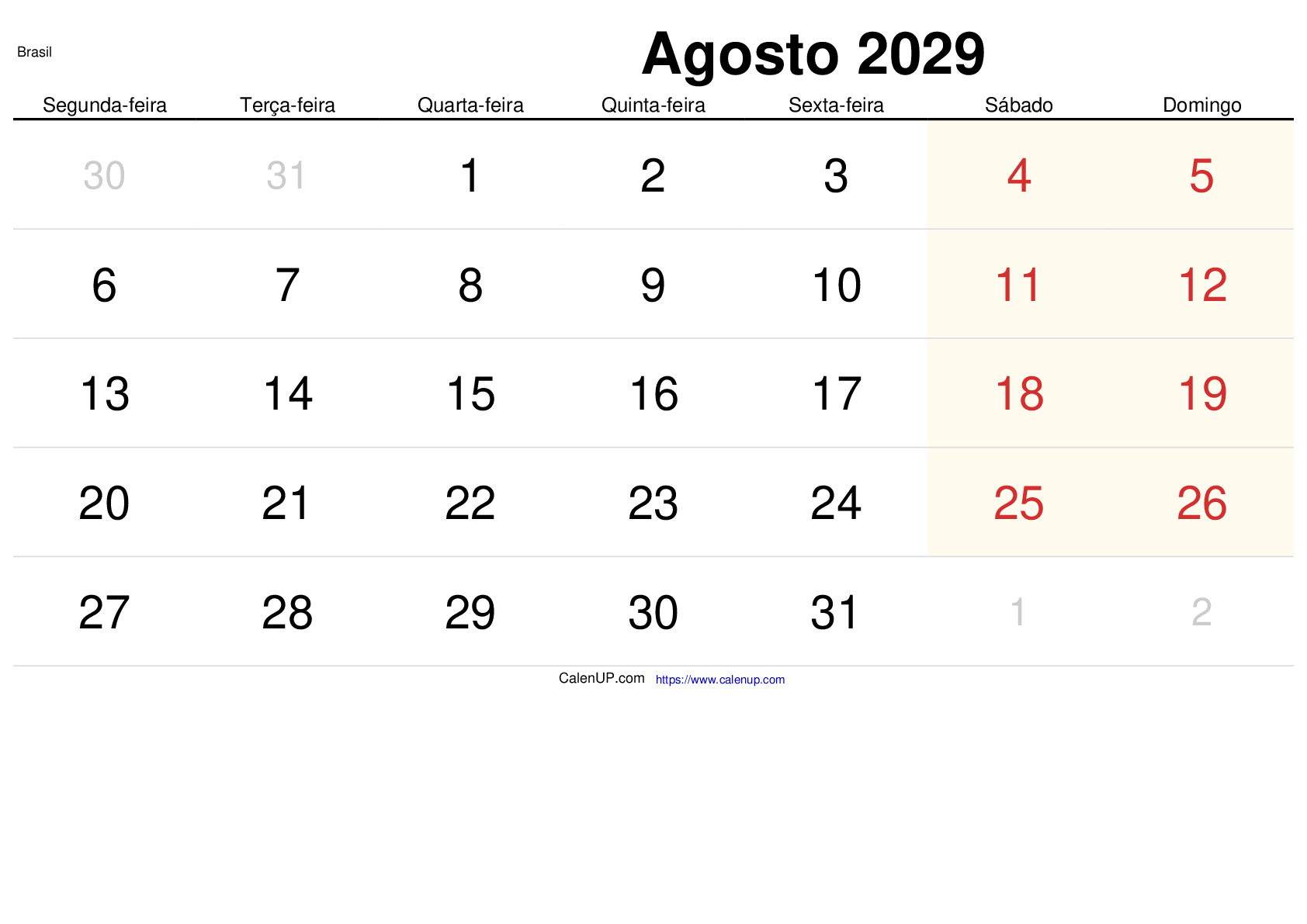 August 2029 Kalender