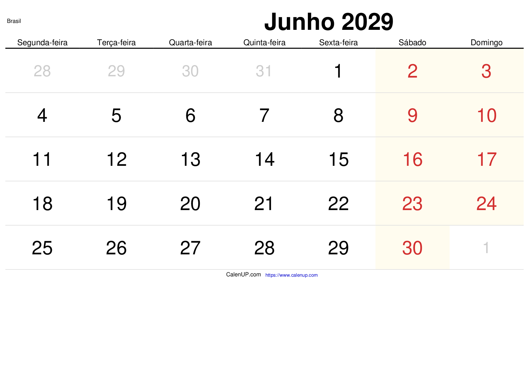 Juni 2029 Kalender