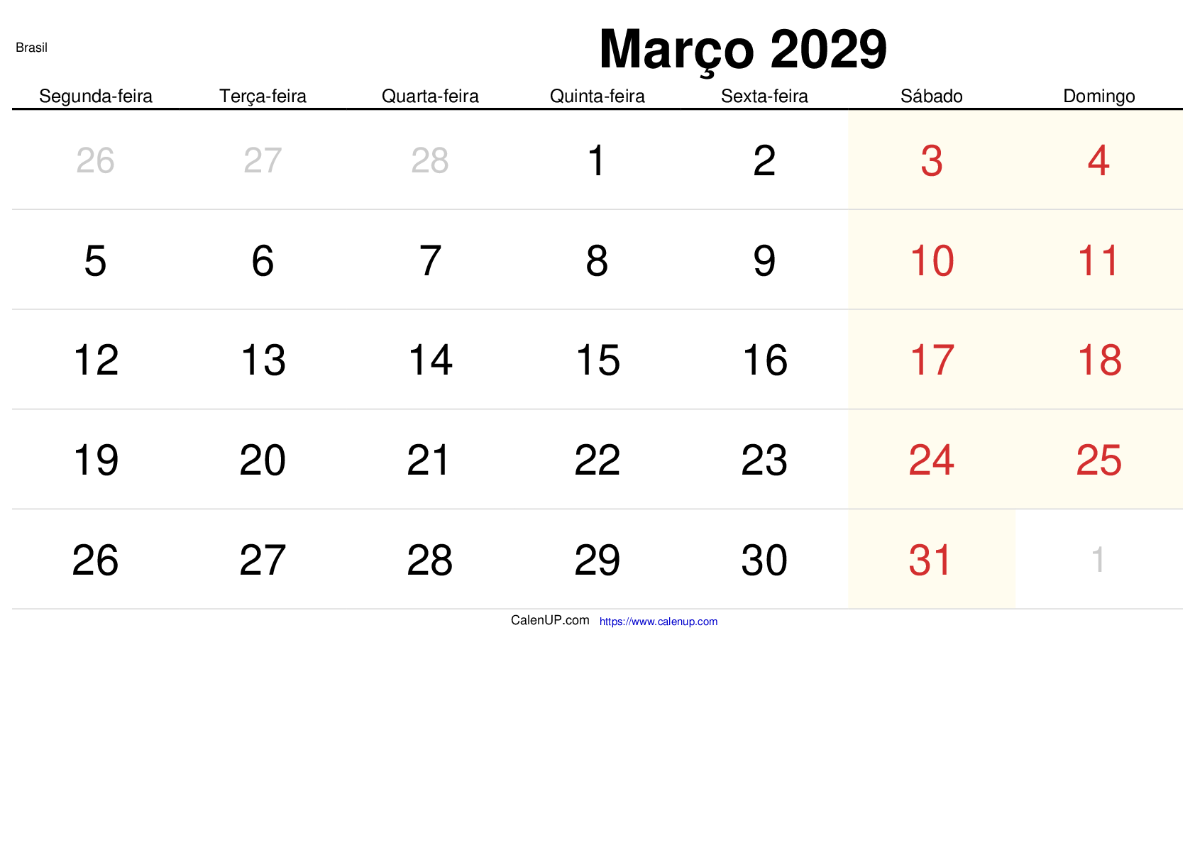 Mars 2029 Kalender