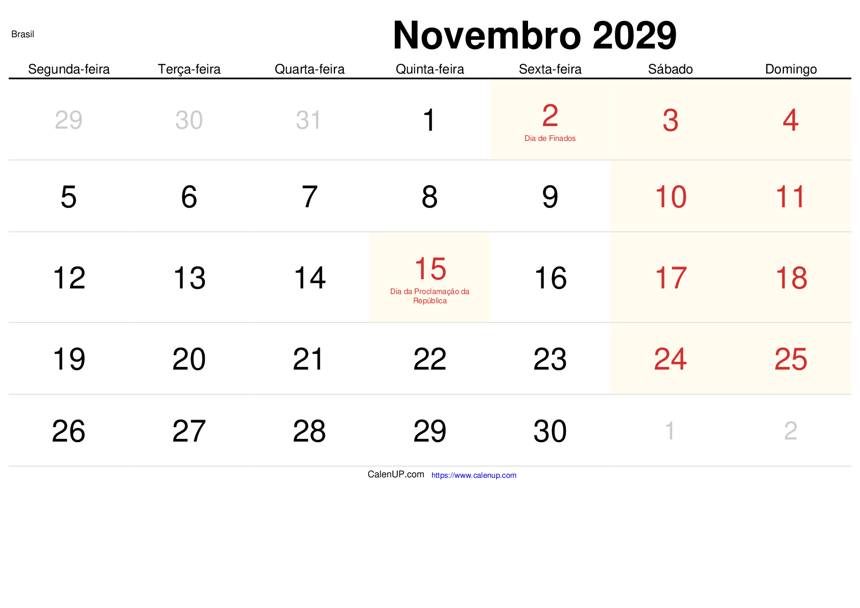 November 2029 Kalender