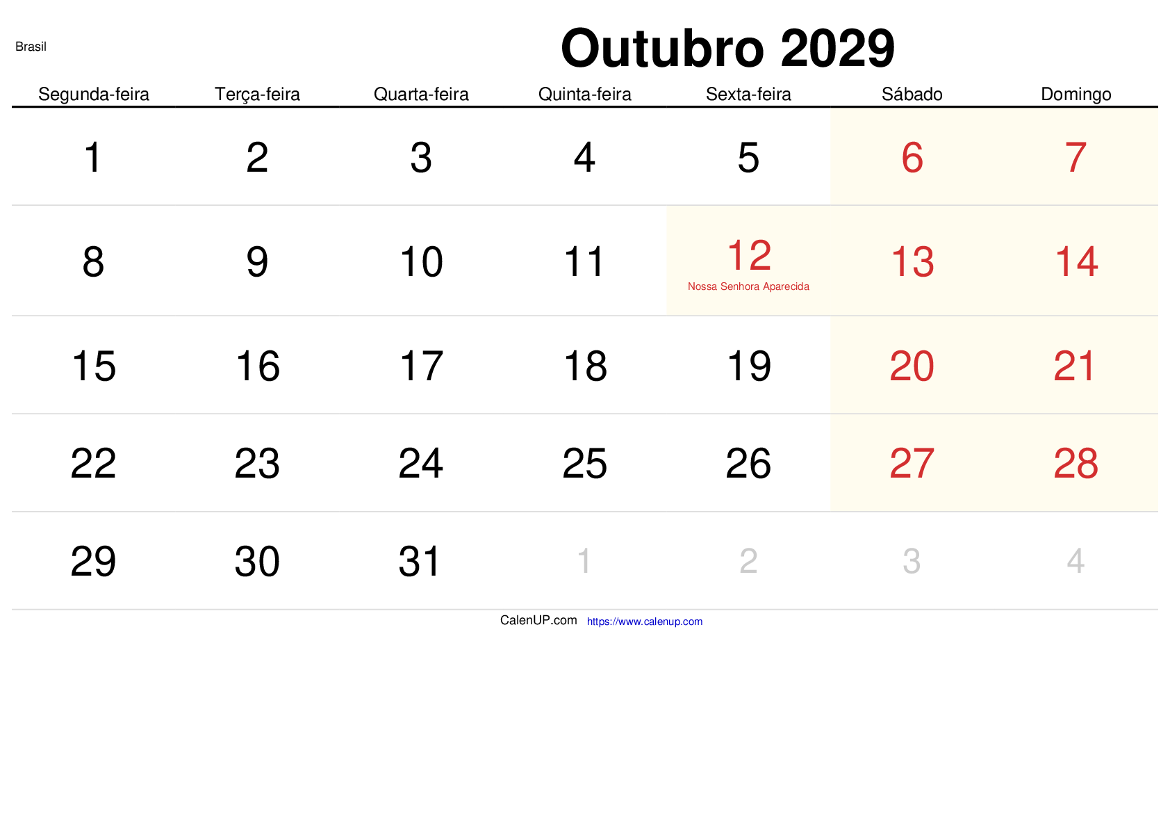 Oktober 2029 Kalender