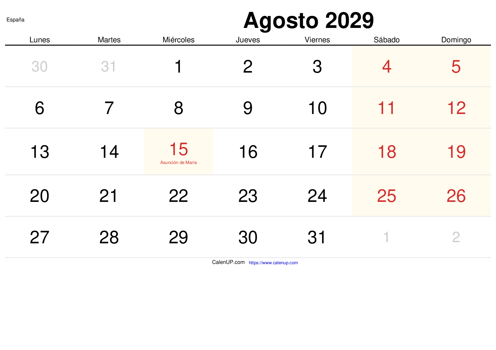 Calendrier Août 2029