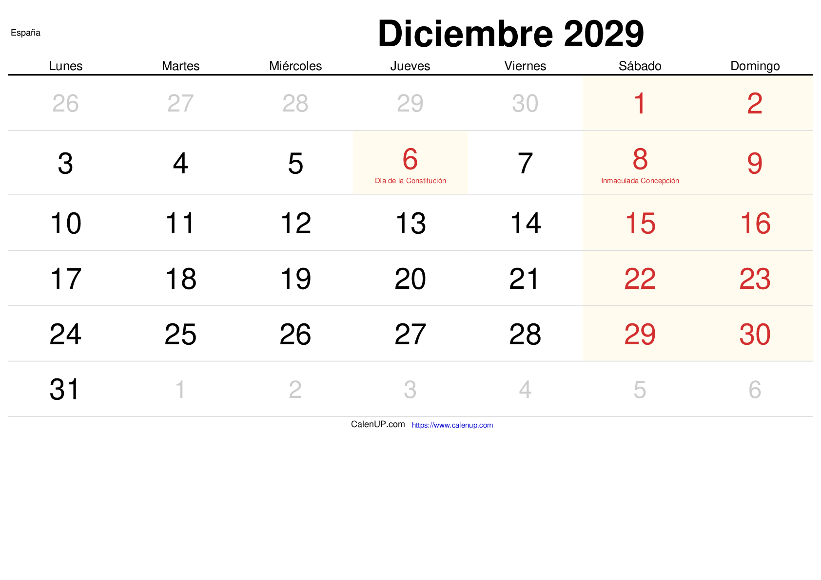 Calendrier Décembre 2029