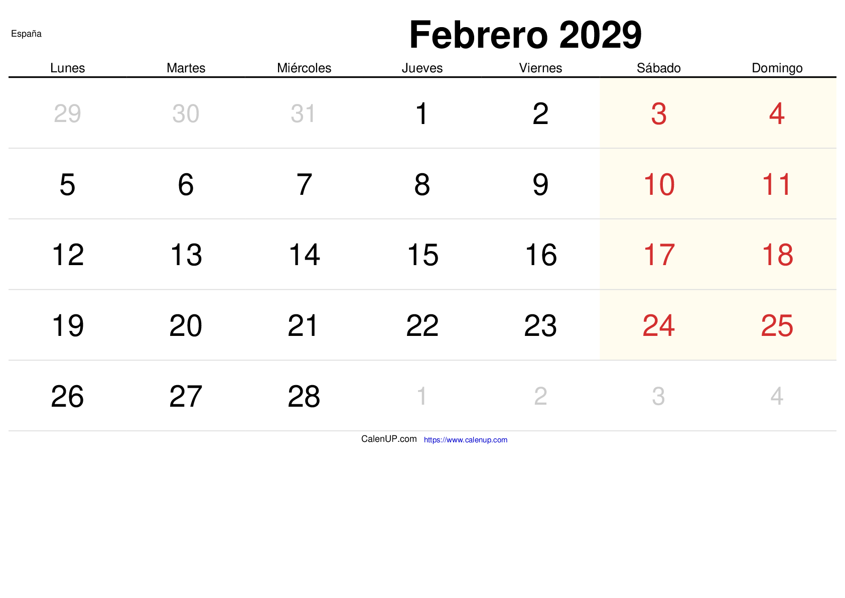 Calendrier Février 2029