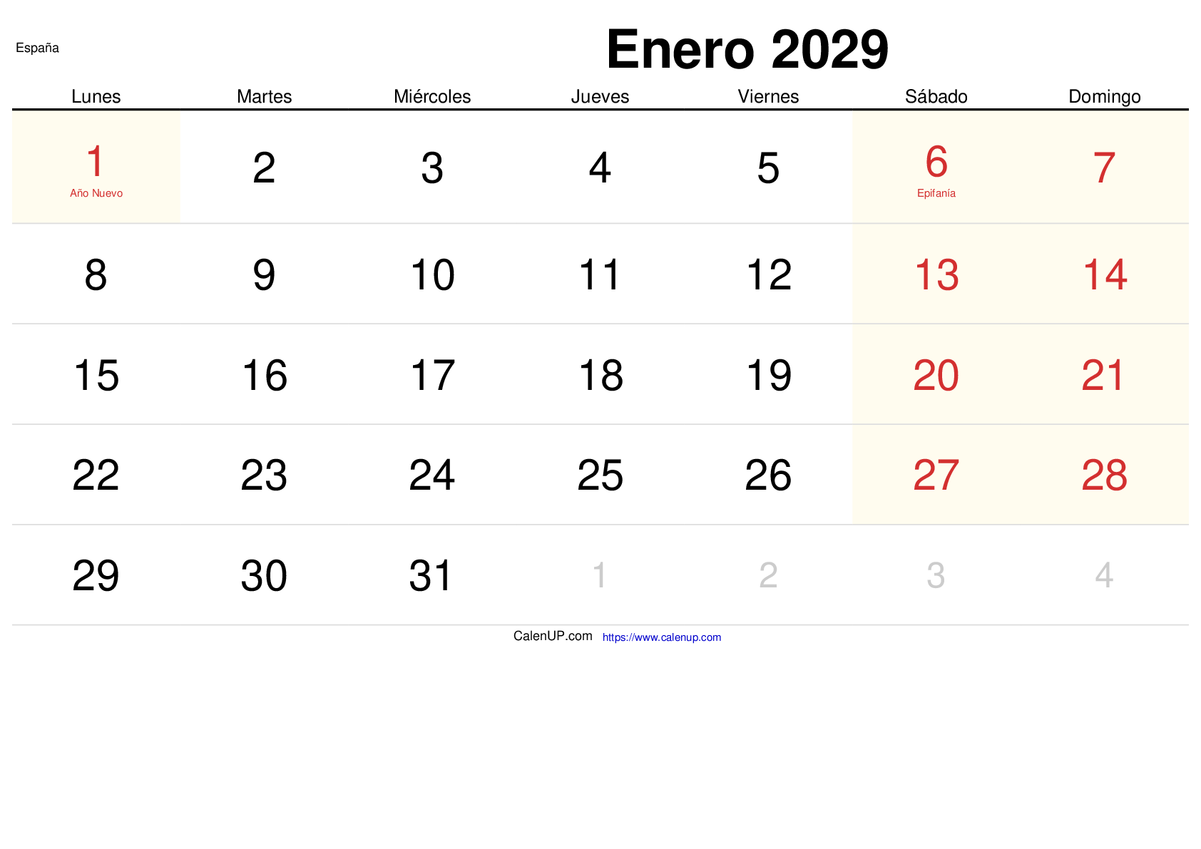 Calendrier Janvier 2029