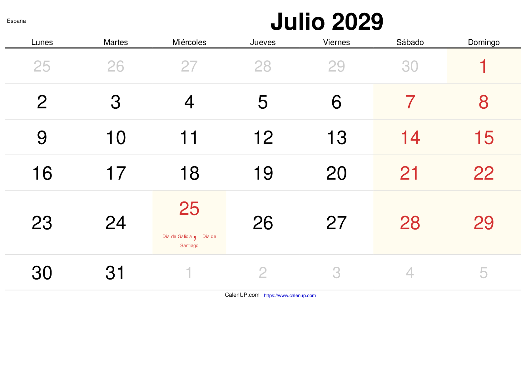 Calendrier Juillet 2029