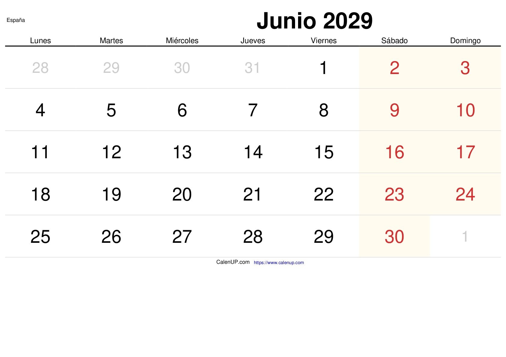 Calendrier Juin 2029