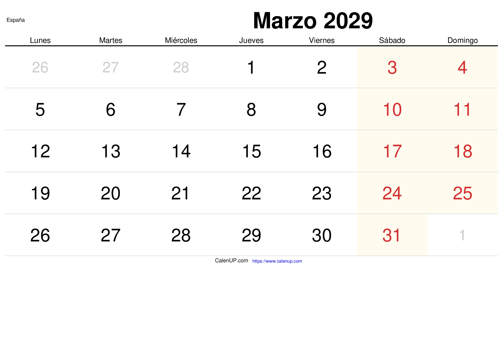 Calendrier Mars 2029