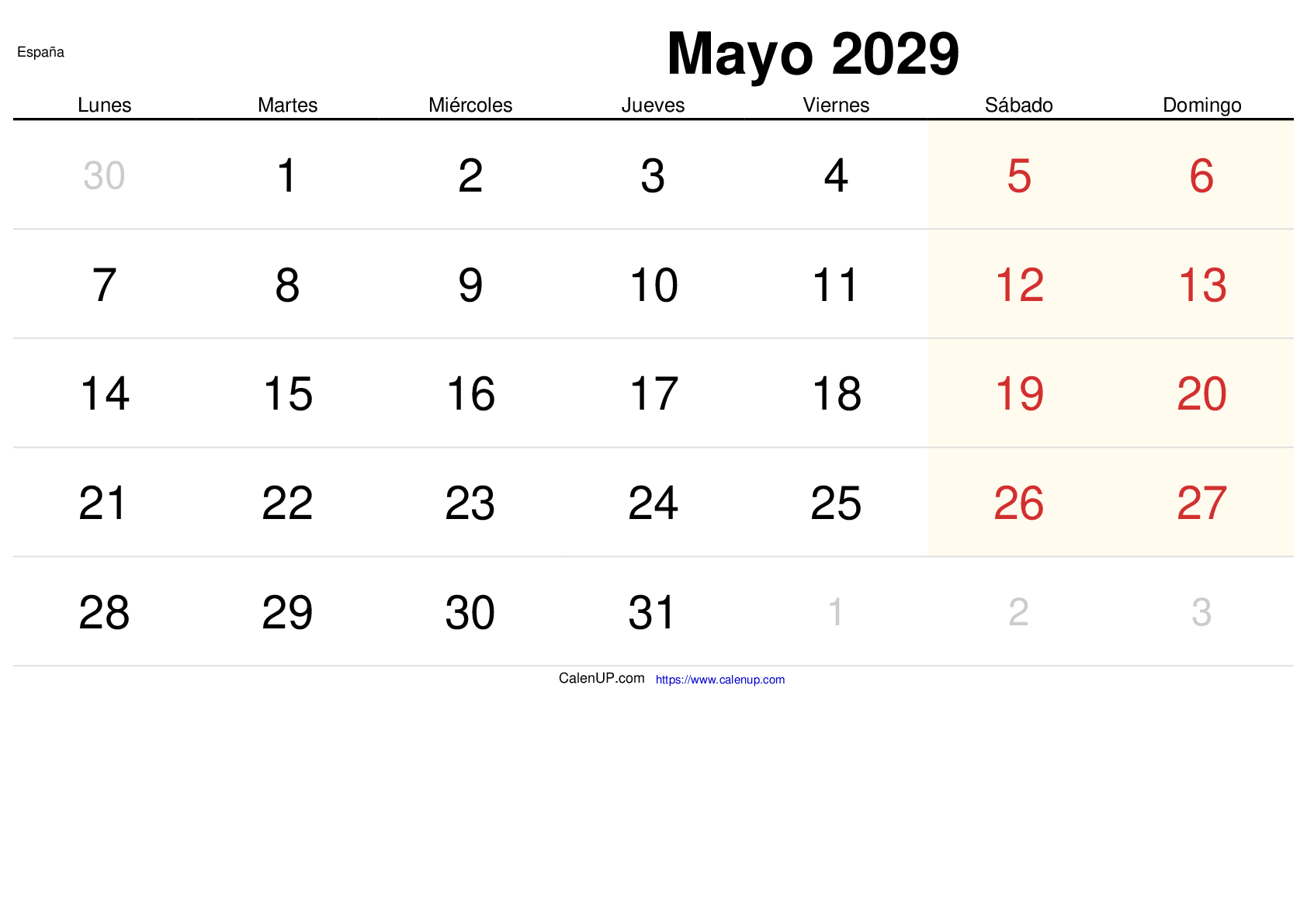 Calendrier Mai 2029