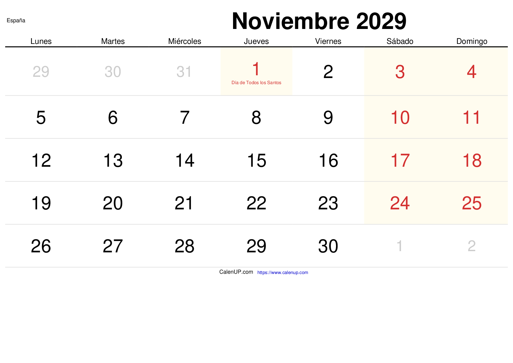 Calendrier Novembre 2029