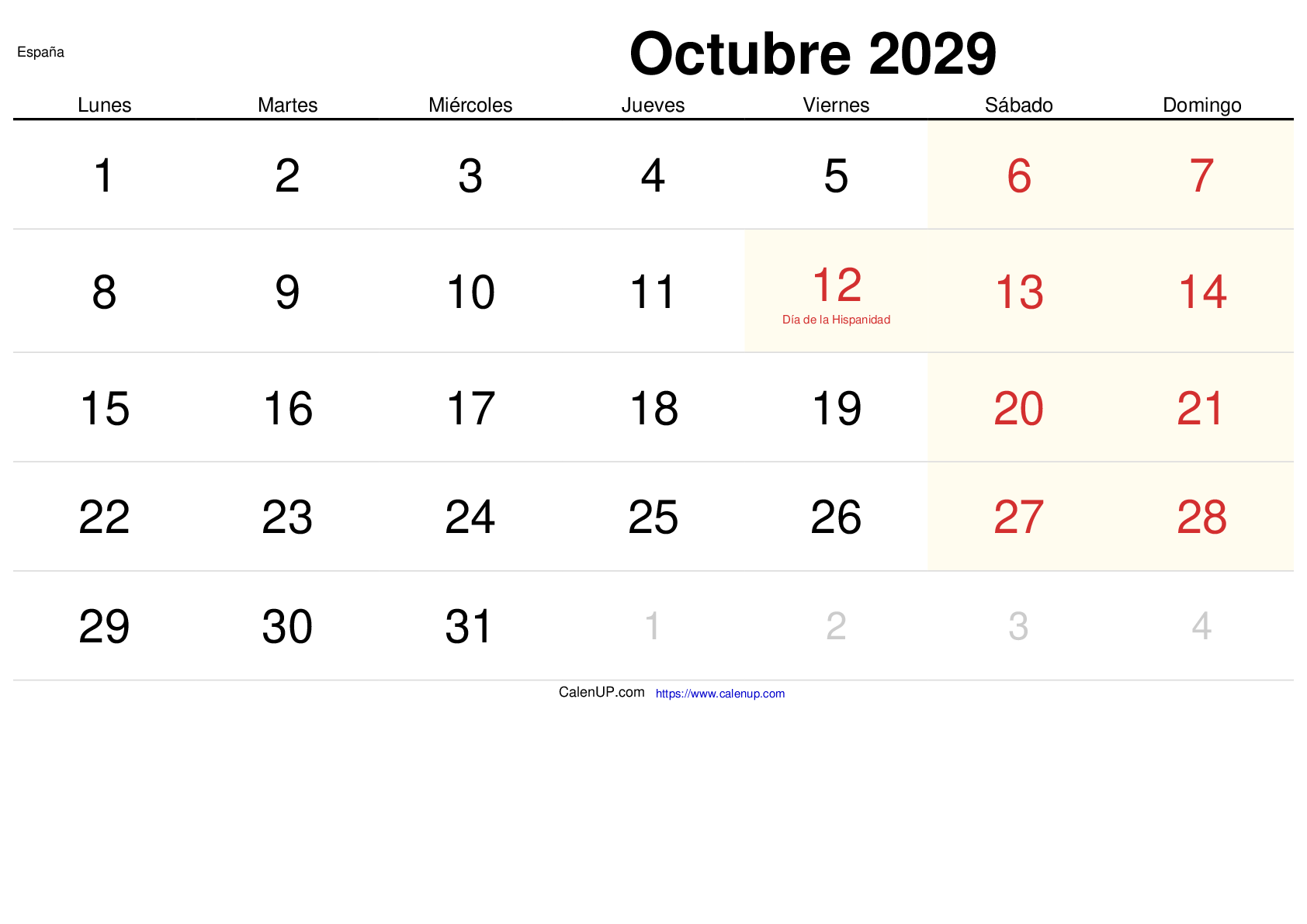 Calendrier Octobre 2029