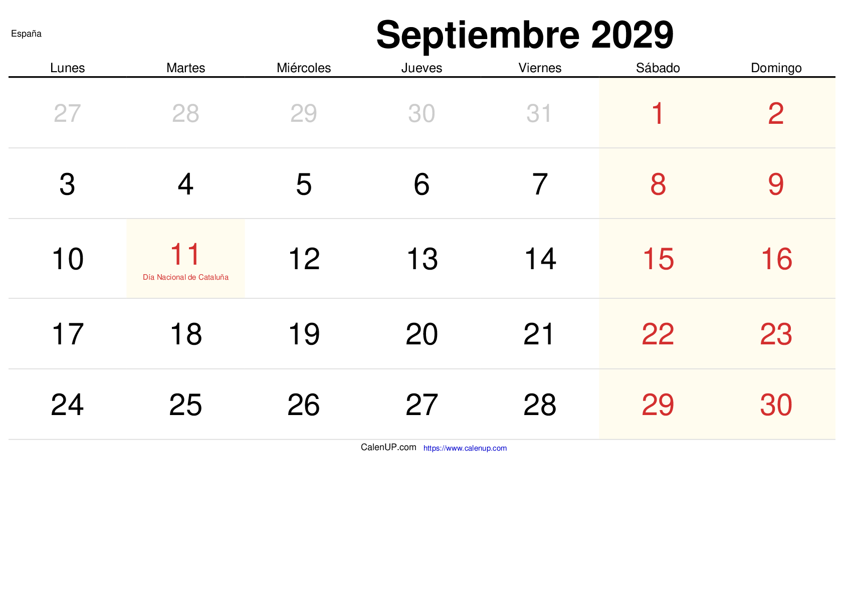 Calendrier Septembre 2029