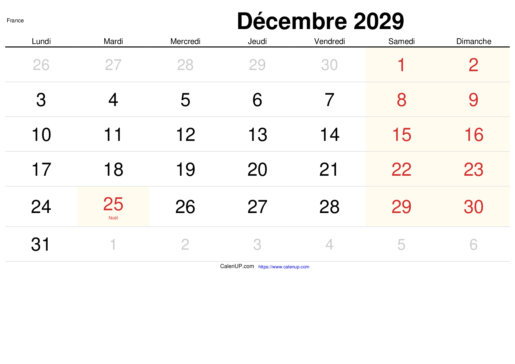 Calendrier Décembre 2029