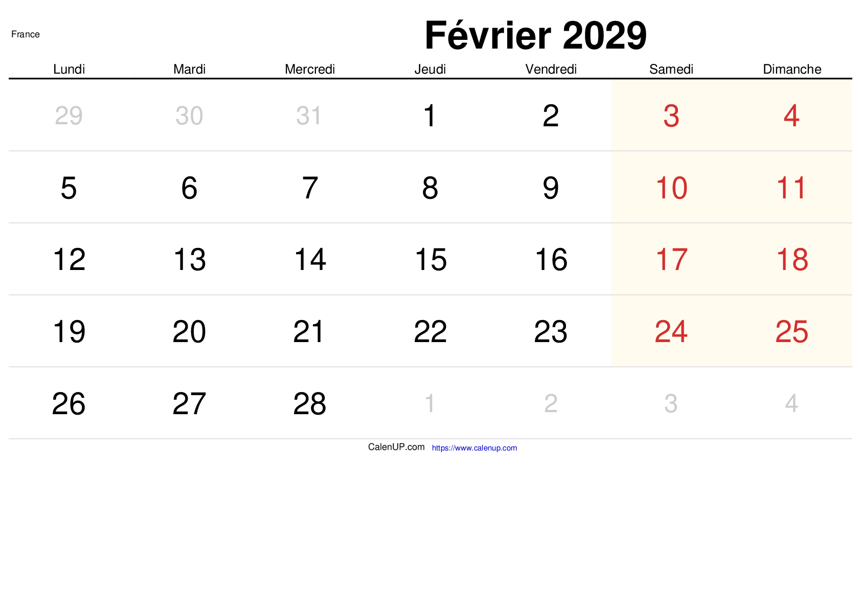 Calendrier Février 2029